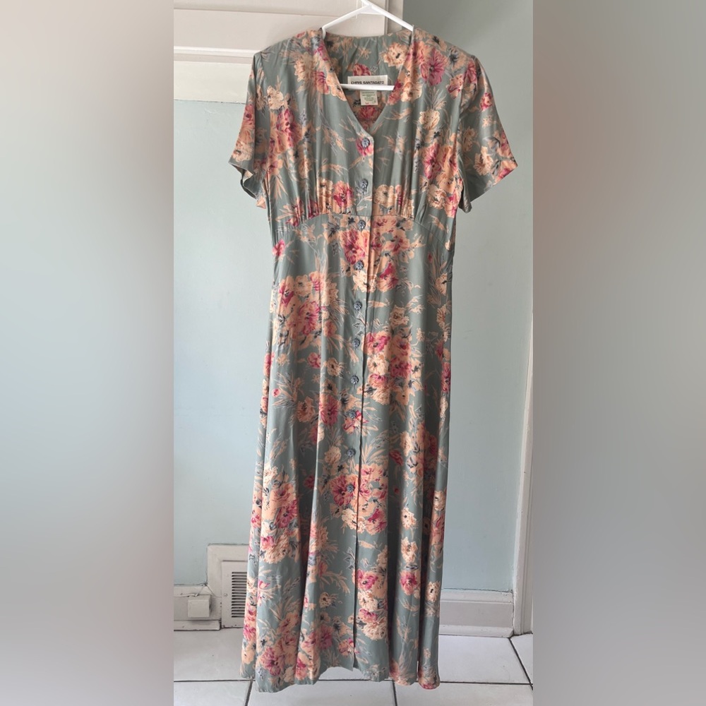 Vintage Short Sleeve Button Up V-neck Floral Midi Dress